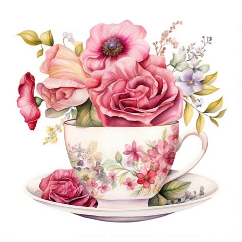 Premium AI Image | There is a painting of a tea cup with flowers in it ...