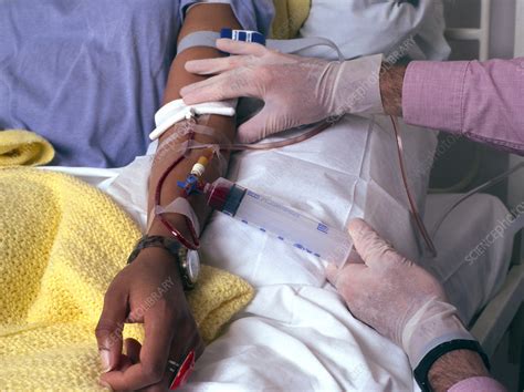 Sickle cell patient has blood transfusion in arm - Stock Image - M532/0486 - Science Photo Library