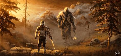 Facing A Giant | Warriors standing, Creature design, Nature scenes