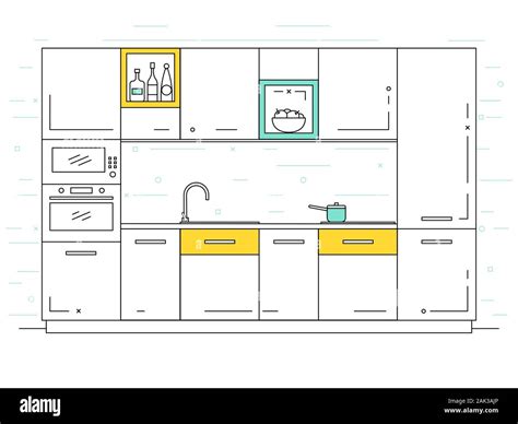 Modern kitchen. Kitchen furniture with sink, hob and extractor. Vector illustration in a linear ...