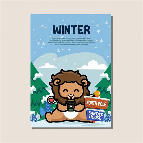 Premium Vector | Poster template for winter with cute lion