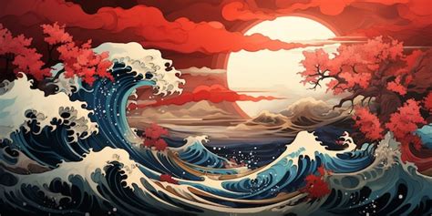 Premium AI Image | Painting of a painting of a wave with a tree in the ...