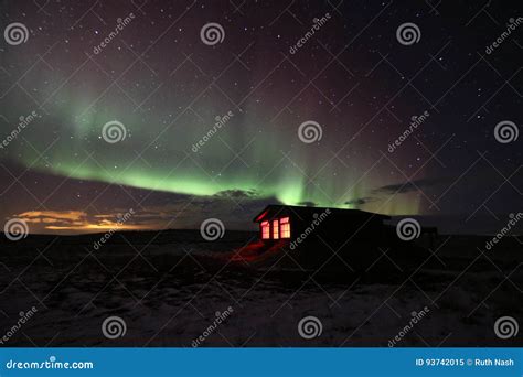 Northern Lights, Iceland. Hotel Ranga. Stock Image - Image of windows ...