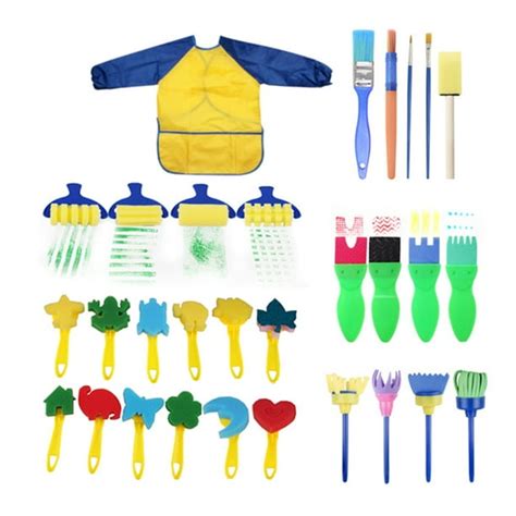 Andoer 30PCS Children Paintbrushes Washable Paint Brushes Sponge Painting Brush Set with Apron ...