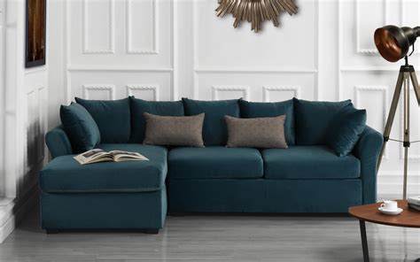 Classic L-Shape Couch Large Velvet Sectional Sofa with Extra Wide Chaise Lounge, Sky Blue ...