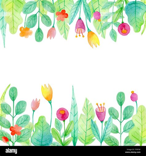 Watercolor floral background with flowers and green leaves Stock Photo - Alamy