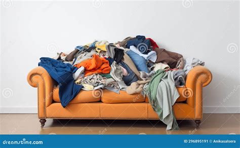 Old Orange Sofa Full of Clothes, Blankets, Scarfs, Etc. Messy Room ...