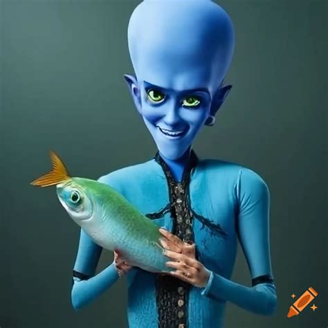 Megamind holding a fish and showing it to the camera on Craiyon