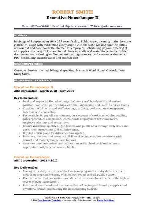 Executive Housekeeper Resume Samples | QwikResume