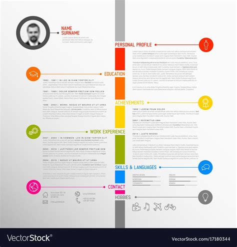 Vector minimalist cv / resume template - minimalistic colorful version, with timeline in the ...