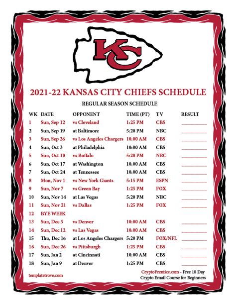 Printable 2021-2022 Kansas City Chiefs Schedule