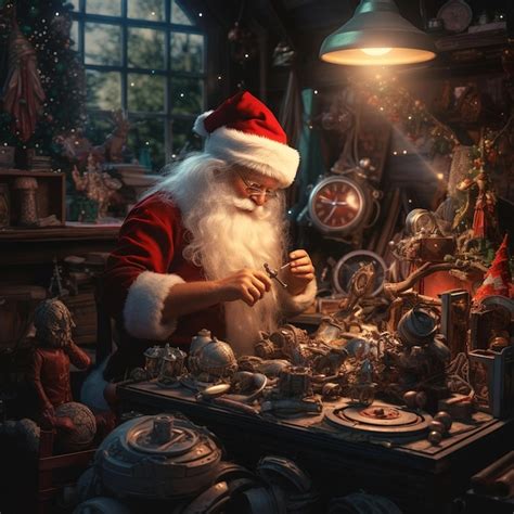 Premium AI Image | Santa Claus in his workshop with toys Christmas and ...