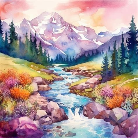 Premium Photo | Painting of a mountain stream with a mountain in the ...