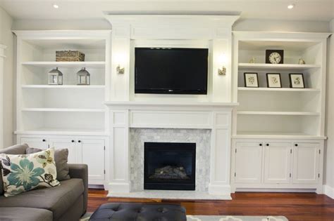 DIY Fireplace Mantel Tutorial photo sample...tops of cabinets are lower ...