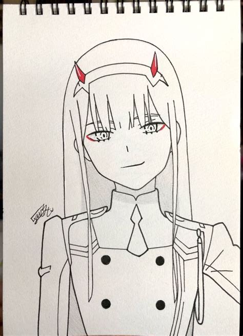 a drawing of an anime girl with horns on her head and long hair ...