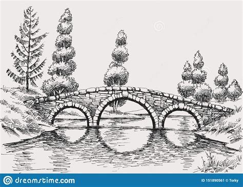 Stone Bridge Arch Over River Stock Vector - Illustration of path, building: 151890561 | Dibujos ...