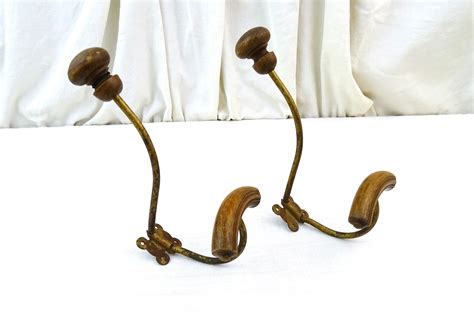 Pair of Large Antique Coat and Hat Hooks in Metal and Wood, Vintage Clothes Storage Accessory ...