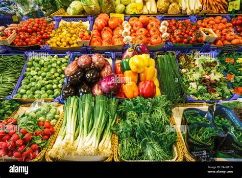 Fruit and vegetable market. Lots of different fresh fruits and ...