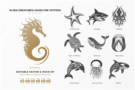 Sea Creatures Logos for Tattoos Pack X10 Graphic by SmartDesigns ...