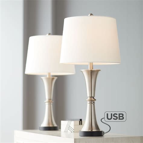 360 Lighting Modern Table Lamps Set of 2 with USB Port LED Touch On Off Silver White Drum Shade ...