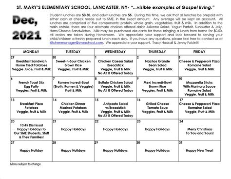 Lunch Menu | St. Mary's Elementary School - Lancaster, NY