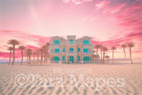 Pink Mansion Digital Backdrop - Doll Mansion on Beach Digital Backdrop - Beach Mansion Digital ...