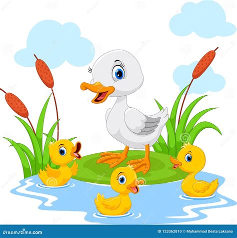 Mother Duck Swims with Her Three Little Cute Ducklings in the Pond. Funny and Adorable Stock ...