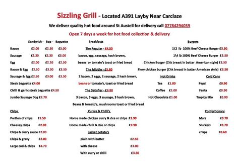 Menu at Sizzling Grill restaurant, Saint Austell