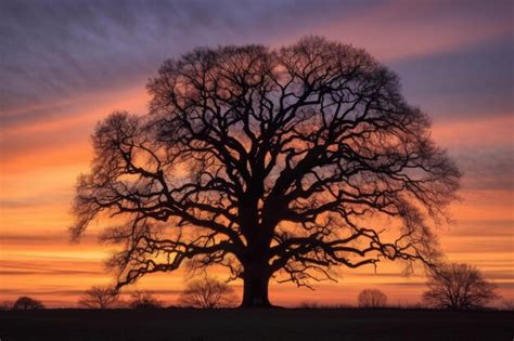 Premium Photo | Oak tree silhouette against sunset sky created with generative ai