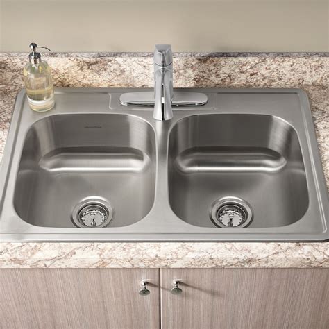 American Standard Drop-In 33-in x 22-in Stainless Steel Double Equal Bowl 3-Hole Kitchen Sink in ...