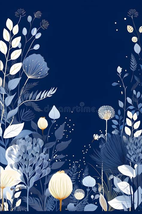 A Blue Background with White Flowers and Leaves. Abstract Navy Color ...