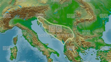 Zoom Into Dinaric Alps Mountain Range - Glowed. Colored Physical Map Stock Animation | 9696376