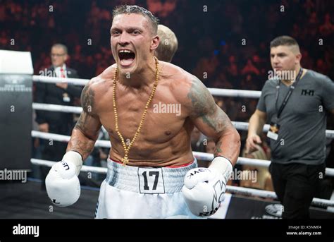 Berlin, Germany. 9th Sep, 2017. Alexander Usyk (Ukraine) celebrates after his victory over Huck ...