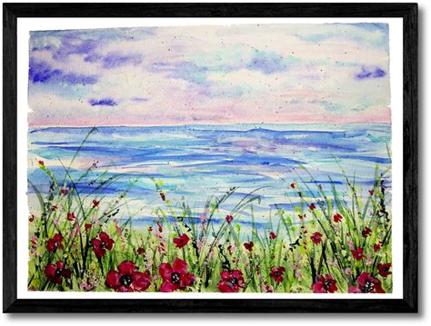 Poppy Field at Sunset by the Sea – Wanda's Watercolors