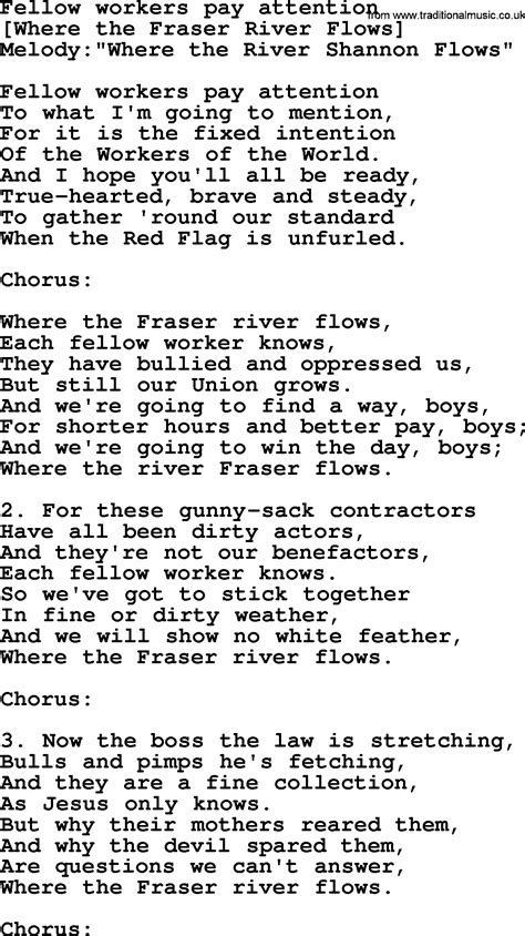 Old American Song - Lyrics for: Fellow Workers Pay Attention, with PDF