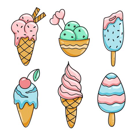 Conjunto de imágenes prediseñadas de dibujos animados de helado. Colección postre frío lácteo ...