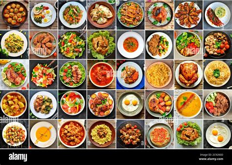 Natural food collage. Food background. Vegetable and meat dishes. Food in plates Stock Photo - Alamy