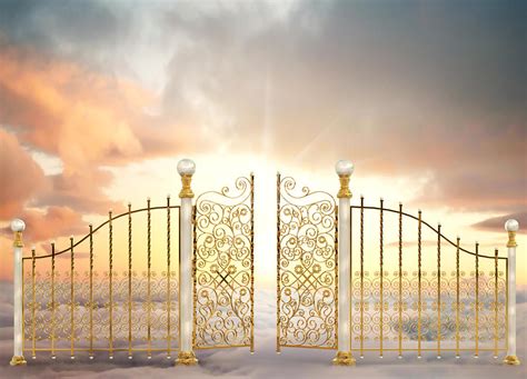 Pearly gates of heaven opening to a high altitude sunrise between two ...