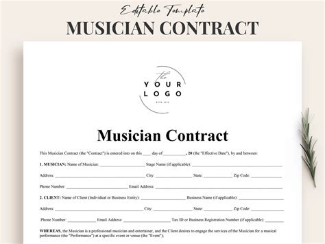 Editable Musician Contract Template Word Professional Agreement for Musicians Gig Contract ...