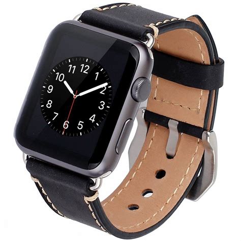 Premium Vintage Genuine Leather Watchband with Secure Metal Clasp Buckle for Apple Watch Sport ...