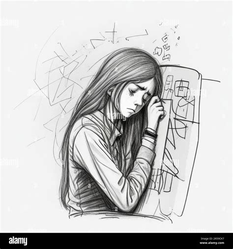 Cartoon draw with line art of young woman alone has a problem with ...