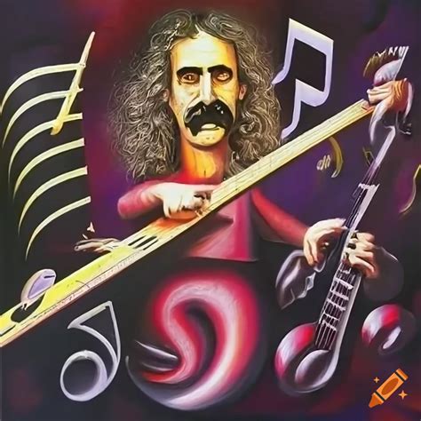Frank zappa surrounded by music notes and symbols in a surreal painting on Craiyon