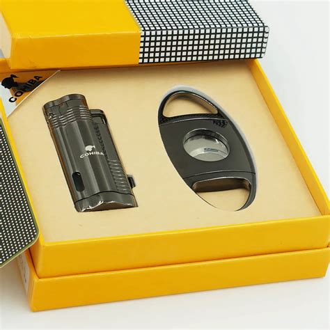 COHIBA Metal Cigar Lighter Cutter Set 3 Torch Jet Flame Butane Gas Lighters With Punch-in Cigar ...