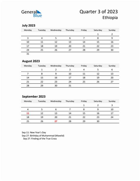 Three-month calendar for Ethiopia - Q3 of 2023