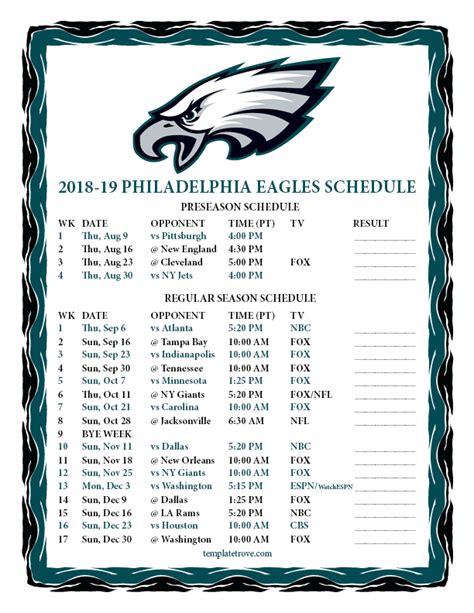 Printable 2018-2019 Philadelphia Eagles Schedule