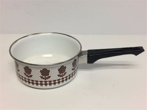 Enamel 1 Quart Saucepan White With Brown Flowers & Homespun Design | eBay