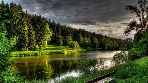 Download Wallpaper 1920x1080 River, Summer, Bench, Trees Full HD 1080p ...