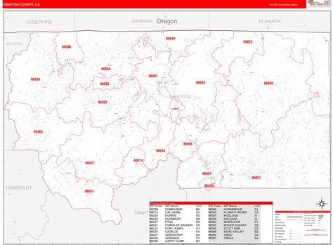 Siskiyou County, CA Zip Code Wall Map Red Line Style by MarketMAPS ...