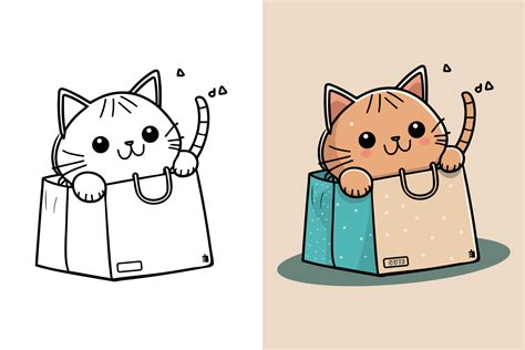 The character of a Little cat in a paper shopping bag, Cute cat, Cat cartoon, Cat drawing, Cat ...