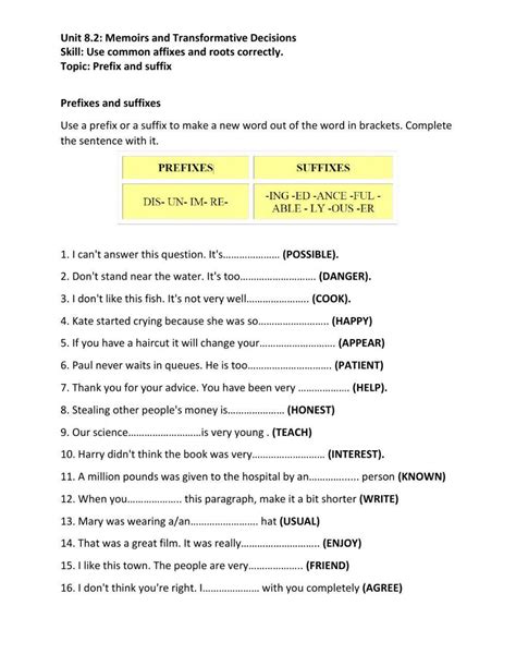 Prefix Suffix Worksheet Esl